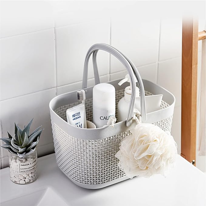 Plastic Portable Shower Caddy Basket, Storage Organizer, Grey, 2 Pack | Bottom Drain Holes, Keep Dry, Sturdy and Durable, Easy to Carry for Bathroom, Kitchen, Dorm Room, RV, College