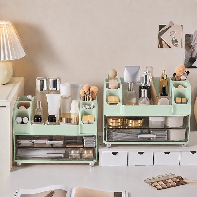Large Makeup Organizer for Vanity - Perfume Cosmetic Display Cases | Skincare Organizers with 2 Drawers for Bathroom Dresser Desk, Easy to Store Brush Eyeshadow Lipstick Beauty Supplies, Green
