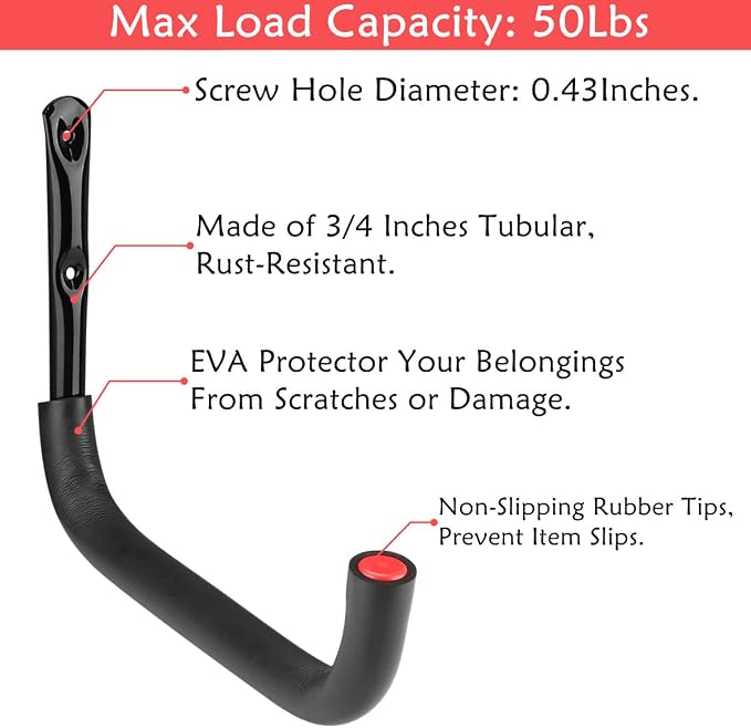 6 Pack Heavy Duty Garage Storage Hooks, 12.7 Inch Wall Mounted Utility Hanger & Organizer to Hanging Ladder, Canoe Paddleboard, Surfboard, Skiboard, Hose, Folding Chairs, Bike and Garden Tools