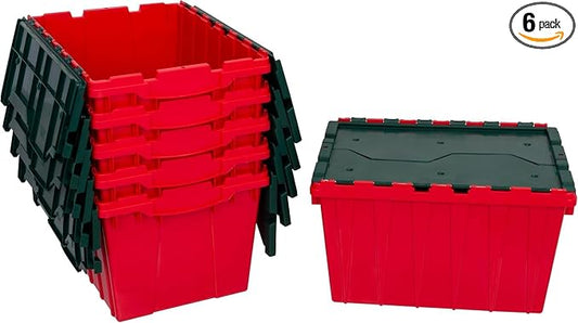 Akro-Mils KeepBox 12 Gallon Storage Container, Nesting and Stackable Plastic Storage Box with Lid Attached, Organizer Tote for Garages, Closets, and Moving, 21-1/2" x 15" x 12-1/2", Red/Green, 6-Pack