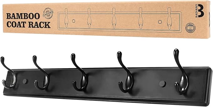 Badiano Wooden Coat Rack, Wall-Mounted Organizer for Closet, Entryway, Hallway, Foyer, Bedroom, Heavy Duty Double Hooks for Hanging Towels, Bags, Hats, Jackets, Key (Black, 5 Hooks)