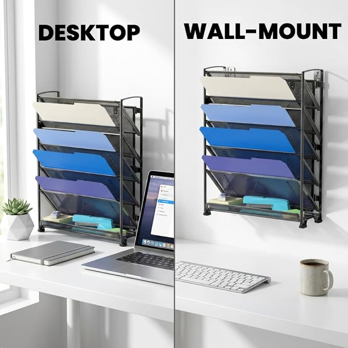 Simple Houseware 6-Tier Wall Mount Document Letter Tray Organizer, Black | 5 Tilted Trays + 1 Flat Bottom Tray, Wall Mount Hardware Included