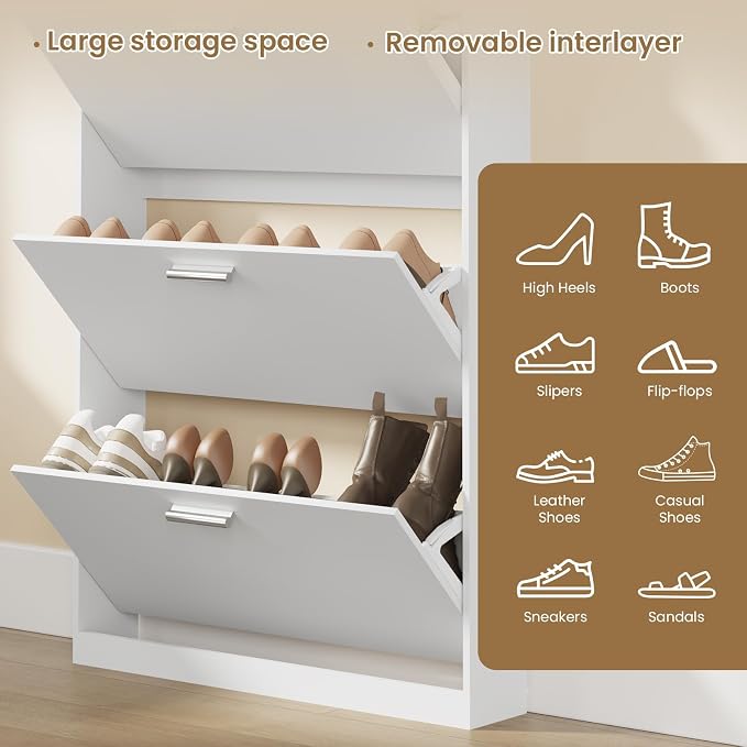 Shoe Cabinet Organizer with 3 Flip Drawers,Narrow Shoe Rack 31.5" W White | Freestanding shoe storage cabinet for entryway,foyer and hallway,space-saving flip drawers,Adjustable Shelves & 2 Hooks