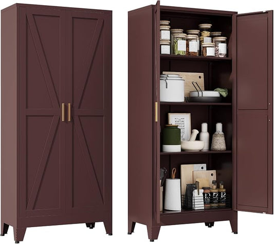 Metal Storage Cabinet with Doors and Adjustable Shelves | 61" Tall Pantry Cabinet for Kitchen Dining Room Bathroom Garage,Reddish Brown,1 Pce