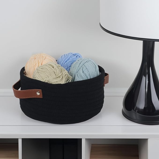 Small Woven Cotton Rope Basket with Leather Handle, Black | Mini Round Storage Basket, Empty Gift Basket, Nursery Toy Organizer, Decorative Shelf Bin, Boho Room Decor