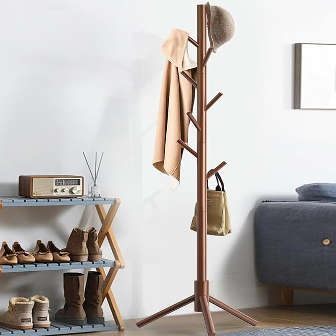 Aliphon Wooden Coat Rack Stand, Freestanding Coat Rack with 8 Hooks, 3 Adjustable Size Coat Tree for Hats, Coats, Scarves bags, Coat Hanger Stand Used in Bedroom/Office/Entryway （Brown）