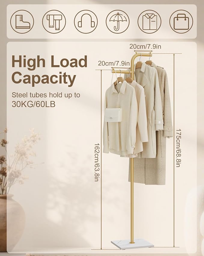 Metal Clothing Rack for Hanging Clothes, Gold, 68.9 In High | Modern Sturdy Coat Rack with Rock Slab Base, Heavy-duty Garment Rack for Boutiques, Hallway, Entryway, Living Room