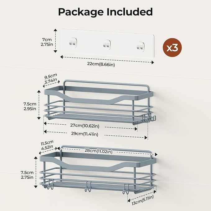 Orimade Shower Caddy Basket Shelf Storage Rack, No Drilling Wall Mounted Adhesive Rust Resistant Stainless Steel Shower Organizer with 5 Hooks for Bathroom, Light Blue Grey 2 Pack
