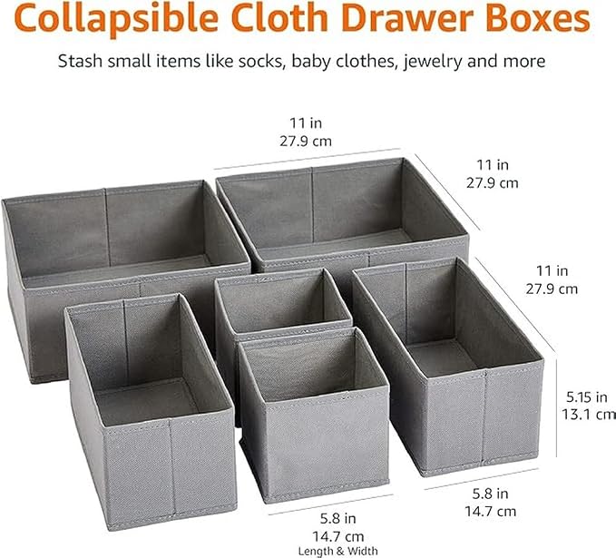 Amazon Basics Collapsible Cloth Drawer Organizer Boxes for Socks, Underwear and Baby Clothes, Storage Bins, Gray, Set of 6