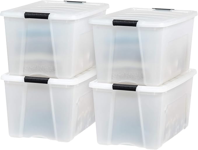 IRIS USA 72 QT Plastic Storage Box with Lid and Latches - 8 Pack - BPA-Free, Discreet Organizing Solution, Durable Nestable Stackable Containers, Secure Pull Handle - Pearl