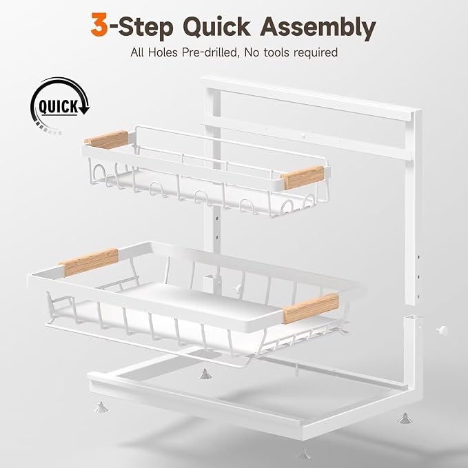 Sevenblue 2-Pack 2-Tier Height Adjustable Under Sink Organizer & Storage | Multi-purpose storage for kitchen & bathroom cabinet. Extra Large white shelf, height adjustable design for space-saving.