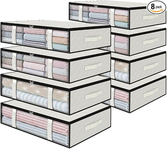 StorageRight Under Bed Storage Bags, 8 Pack, 40L, White | Breathable Non-Woven Fabric with a Clear Window and Zippered Top for Clothes, Comforters, Blankets and Seasonal Storage