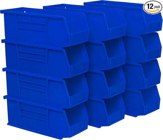 Akro-Mils 30224 AkroBins Plastic Storage Bins, 11"x 4"x 4", Blue, 12-Pack | Space-Saving Stackable Bins for Garage, Pantry, Craft Organization