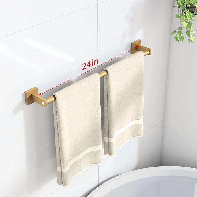 MKO Towel Bar for Bathroom, 24" 2 Pack Wall Mounted Towel Rack, Gold | Hand Towel Holder Rod with Heavy-Duty Metal for Bathroom Kitchen Hanger, 2 Pack Value