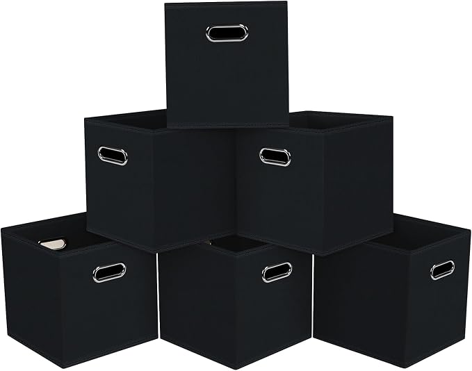 Black Foldable Storage Cubes Bins, Fabric Storage Box Cubes Organizer Baskets with Dual Handles for Home Organizer,Set of 6,(Black)