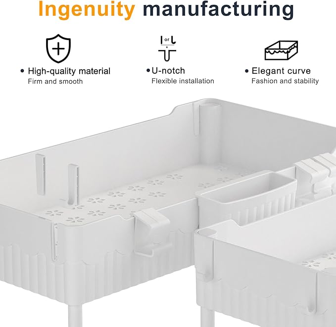 Sevenblue 2-Pack Under Sink Organizer with Hooks & Hanging Cup for Kitchen | Multi-use kitchen & bathroom storage, 14.8 inch white cabinet organizer, with hooks and hanging cup for easy access.