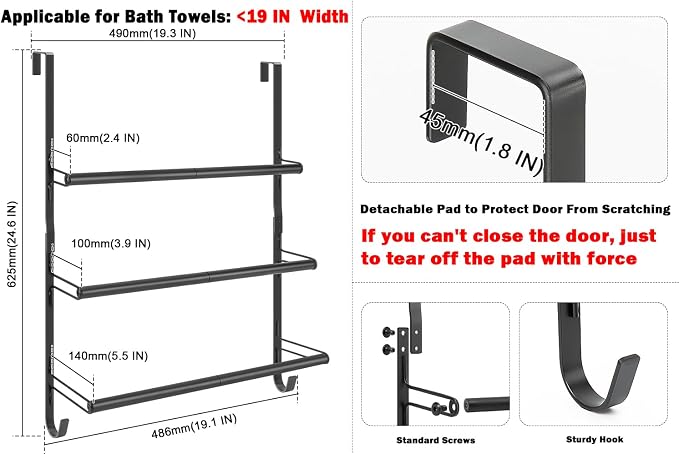 Livabber 3-Tier Over The Door Towel Rack, All Metal Towel Rack with Hooks for Door Hanging, Behind Door Towel Bar Towel Storage Holder for Bathroom Accessories, Black (19.37" L x 5.9" W x 24.4" H)