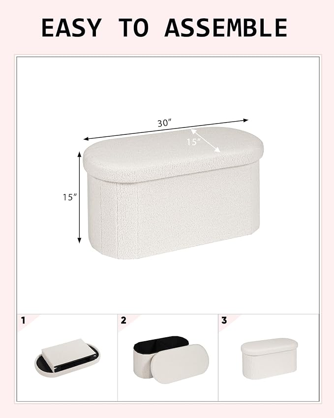 30 Inches Oval Storage Ottoman Bench, Foldable Footrest | Teddy Boucle Fabric, Hidden Storage, Soft Padded Seat, Compact Ottoman for Living Room, Bedroom, Dorm, White