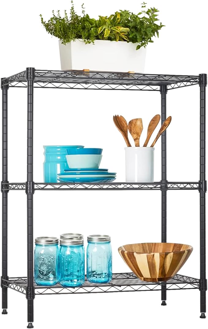 BestOffice | 3-Tier Wire Shelf | 23" x 13.2" x 30.2" | Black | Storage Shelves with Adjustable Racks, Holds upto 450 lbs | Rust-Resistant, No-Tool Assembly | For Home, Garage