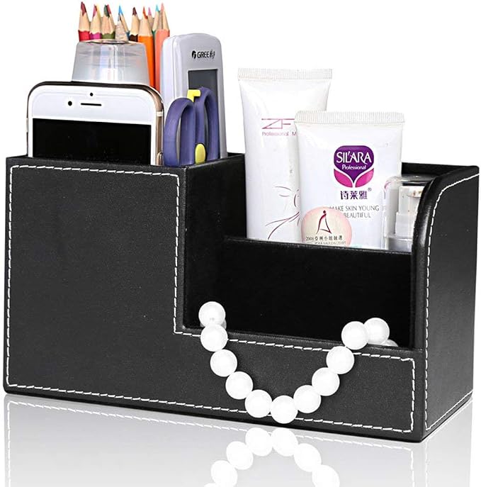 Desk Organizer Office Supplies Caddy Pu Leather Multi-function Storage Box Pen/Pencil,Cell phone, Business Name Cards Remote Control Holder Black