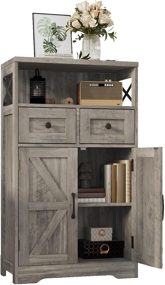 Befrases Farmhouse Storage Cabinet with Drawers and Shelf, Freestanding Kitchen Pantry Hutch for Kitchen, Living Room, Home Office, Rustic Grey
