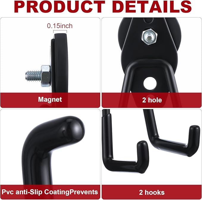 Landhoow 4 Pcs Large Magnetic Hooks Heavy Duty Garage Magnet Hooks Strong Storage Utility Magnetic Hangers with Anti Slip Rubber Coating for Indoor and Outdoor Hanging (Black)
