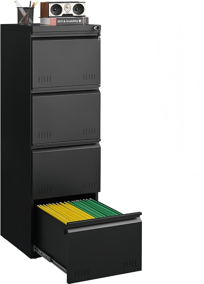 Guizeeopo Metal File Cabinet with Lock, Vertical 4 Drawer File Cabinets for Home Office, Heavy Duty Office Storage Cabinet for A4/Letter/Legal Size, Assembly Required(Black)
