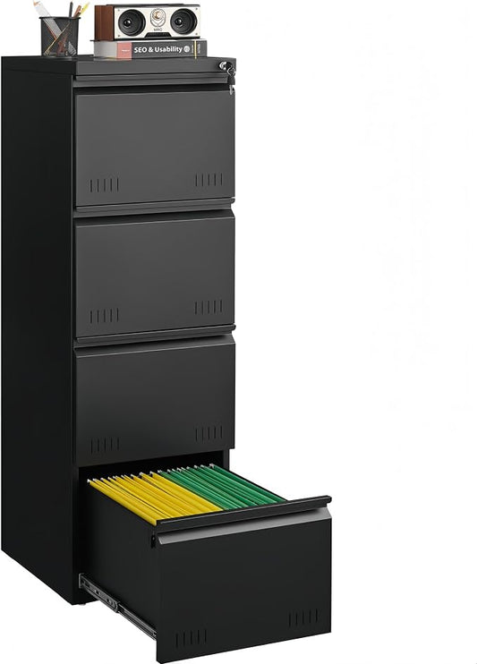 Guizeeopo Metal File Cabinet with Lock, Vertical 4 Drawer File Cabinets for Home Office, Heavy Duty Office Storage Cabinet for A4/Letter/Legal Size, Assembly Required(Black)