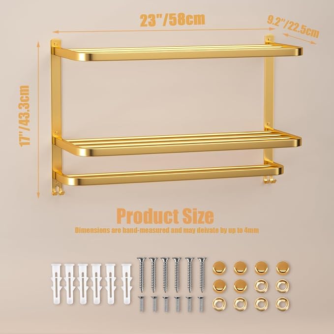 23 Inch 3-Tier Gold Towel Racks for Bathroom with Towel Bars Multilayer Hotel Towel Shelf Stainless Steel Wall-Mounted Brushed Finish Holder with Towel Shelves