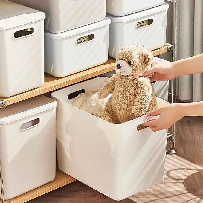 6 pack large plastic White storage bins with Lids, Toy Box Chest with Handle，Organizer Containers Baskets for Baby,Nursery，Shelves，Playroom, Bedroom，Office,Closet，home (White, 6XL)