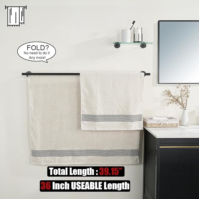 JQK Double Towel Bar Black, 39 Inch 304 Stainless Steel Thicken 1mm Towel Rack for Bathroom, Bath Towel Holder Matte Black Wall Mount, Useable Length 36 Inch, TB100L36-PB