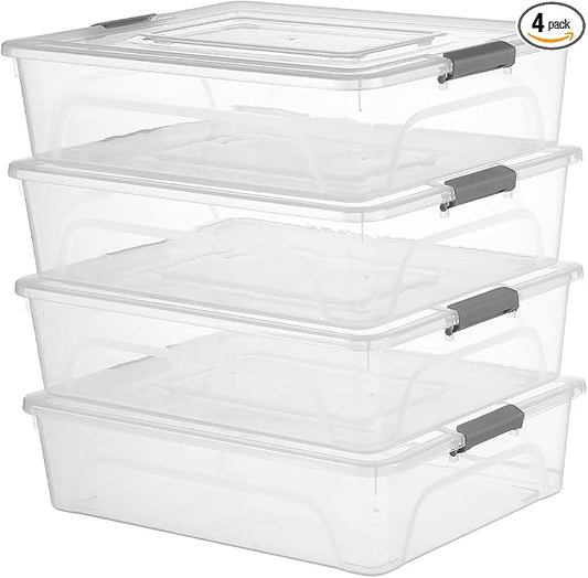 novelinks 10 Quart Clear Plastic Storage Containers with Lids (4 Pack) | Storage Bins with Lids, Stackable Small Clear Bins, Craft Storage Box, Paper Storage, Under Bed Storage Bins, Pencil Box