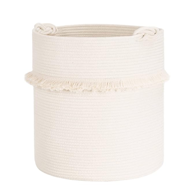 CherryNow 60L Woven Rope Baby Basket with Tassel, 17" x 16", Off-white | Decorative Boho Laundry Basket for Blankets & Towels Storage, Fits Living Room & Nursery Home Decor, with Knotted Handles