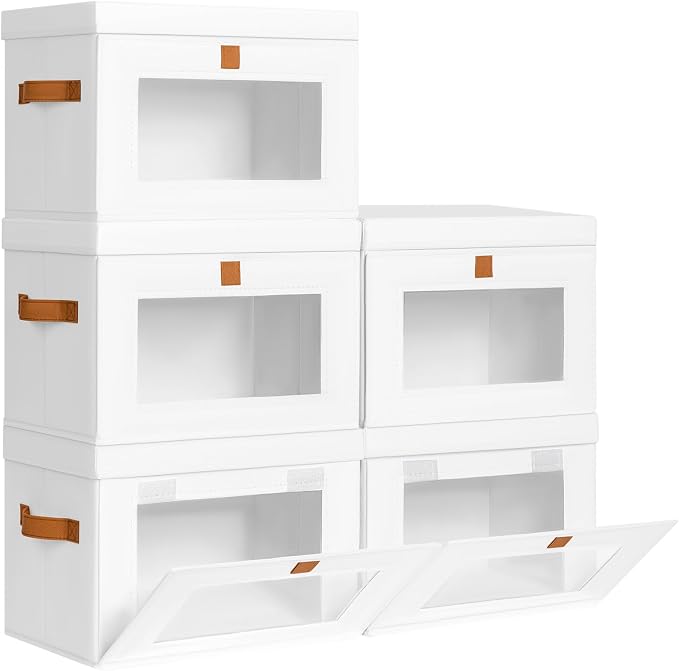 DIMJ Storage Bins with Lids - 5 Pack Front Opening Stackable Fabric Storage Boxes with Clear Window & Handles, Collapsible Closet Organizers for Clothes, Sweaters, Shelf Storage, Bedroom, White