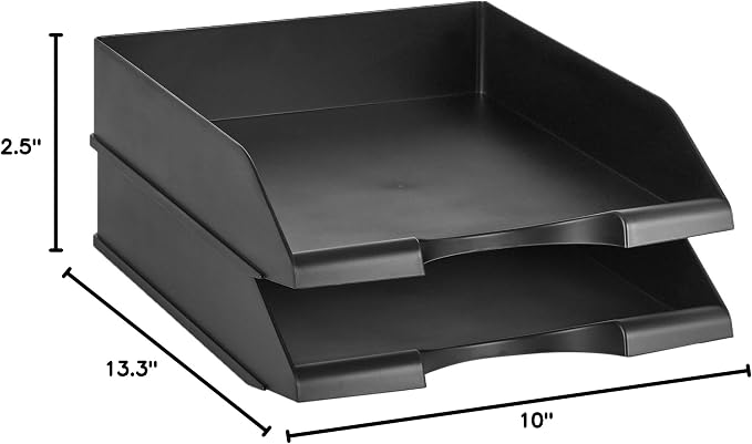 Amazon Basics Rectangular Stackable Desk Organizer Office Letter Tray, File Storage, Paper Organizer, Black, 2-Pack