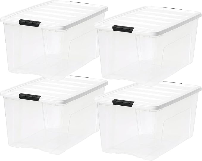 IRIS USA 72 Qt Stackable Plastic Storage Bins with Lids, 8 Pack - BPA-Free, Made in USA - See-Through Organizing Solution, Latches, Durable Nestable Containers, Secure Pull Handle - Clear/White