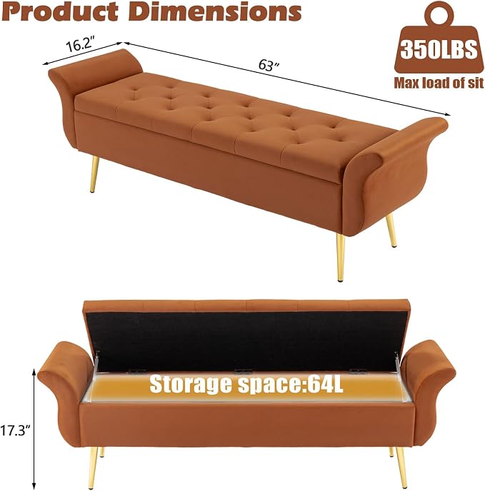Storage Ottoman Bench 63’’ Length Upholstered End of Bed Bench