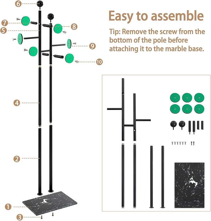 Metal Standing Coat Rack for Entryway Bedroom Living Room (Black) | Easy Assembly, Compact Footprint, Space Saver, Metal Frame, Marble Base, Sturdy, 8 Spherical Hooks, Office, Corner