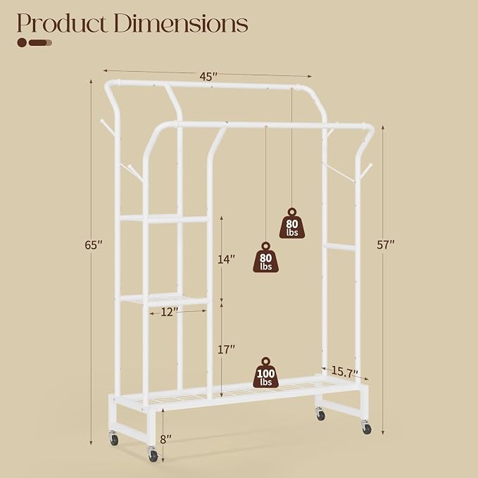 Yoobure Double Rods Clothes Rack - Portable Clothing Rack with Wheels, Rolling Garment Rack with 3-Tier Shelves & 4 Hooks, Freestanding Clothing Racks for Hanging clothes, Coat Rack for Closet Bedroom