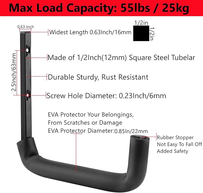 8 Pack Garage Storage Hooks,10 Inch Heavy Duty Ladder Storage Hanger, Wall Mounted Utility Rack