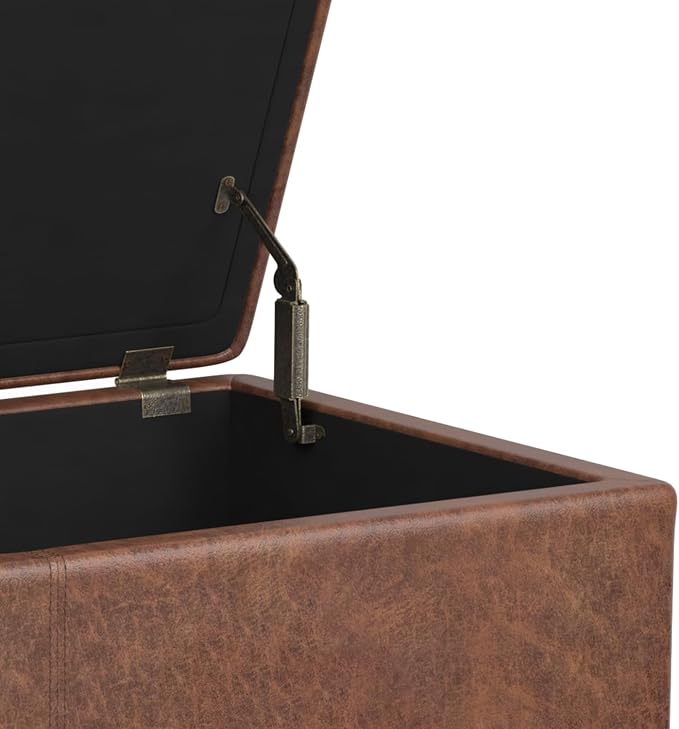 SIMPLIHOME Avalon 60" Wide Fabric Storage Ottoman in Tanners Brown | Contemporary lift-top ottoman with high-density foam; rectangle storage bench or coffee table for living room or entryway.