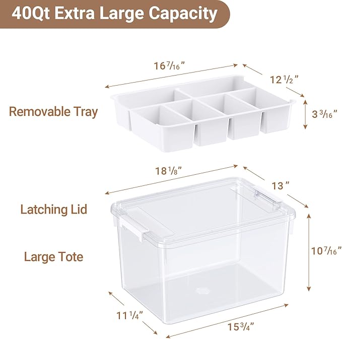 40Qt Stackable Storage Bin with Lid Tray Craft Box Organizer, 1Pack,WH | Clear Plastic Latching Boxes Organizers with Dividers Portable Containers for Arts & Crafts, Home Office Classroom Car Trunk
