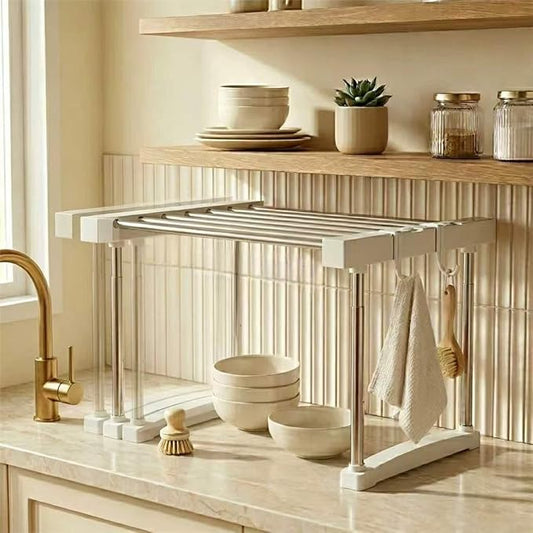 BLULEE Expandable Under Sink Organizer, No-Drill Adjustable Shelf | Custom fit around pipes cabinet rack for bathroom vanity and kitchen pantry, supporting heavy laundry supplies.