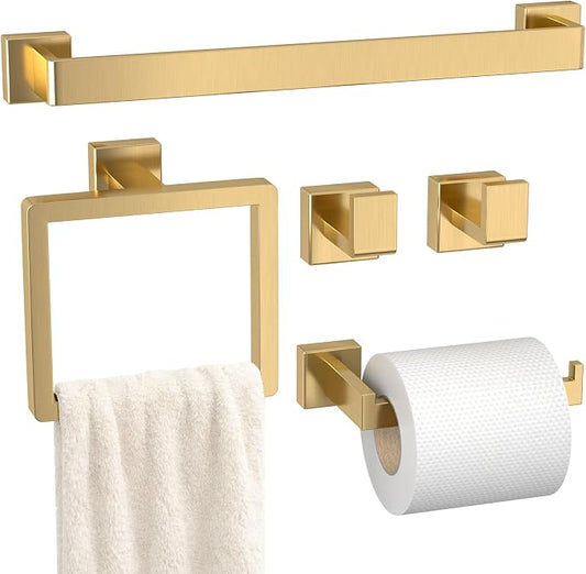 5-Pieces Gold Bathroom Accessories Set, 24 Inch Towel Bar Set | Stainless Steel, Towel Ring, Toilet Paper Holder, Robe Hooks, Towel Racks for Bathroom Wall Mounted, Bathroom Hardware Set