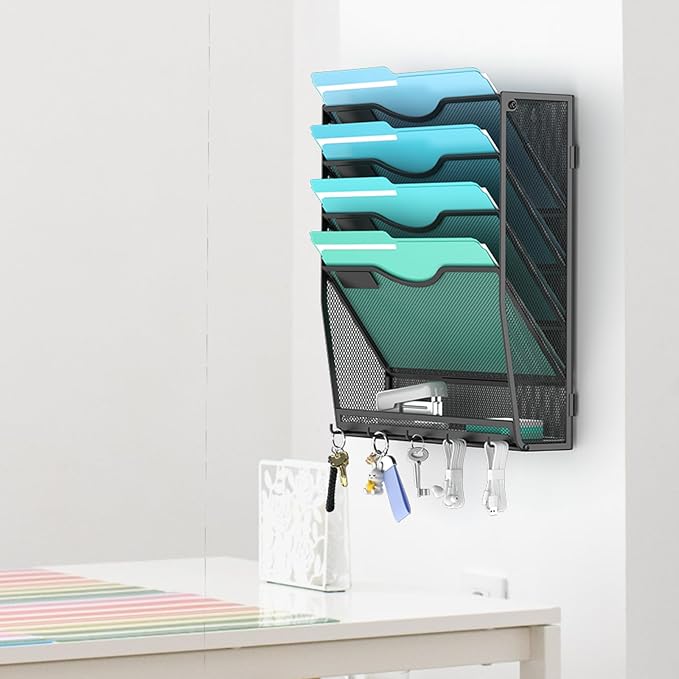 Gawerk 5-Tier Wall File Organizer Hanging Wall File Holder Wall Mount Paper Folder Organize, Mesh Magazine Document Mail Organizer for Office School Home, Black