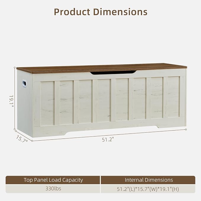 VANKILEY 51.2" Storage Chest Extra Large,Wooden Storage Bench,White+Brown | Chest with 2 Safety Hinges, 51.2*15.7*19.1inches, Wooden Trunk for Bedroom, Livingroom,Entryway,Easy Assembly.