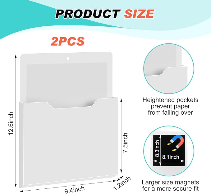 Feifeiya 2 Pcs Magnetic File Folder Wall Hanging Holder Large Pocket Paper Magazine Mail Organizer for Refrigerator Classroom Locker Whiteboard(Vertical,White Color,12.2 x 9.4 Inches)
