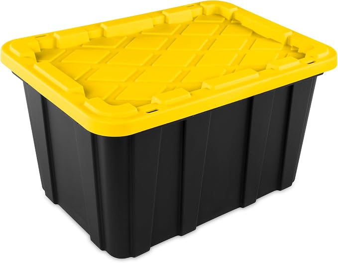 Sterilite Industrial Storage Tote with Lids for Garage, 27 Gallon, 12-Pack | Heavy-Duty and Stackable Utility Box Containers for Home, Office, and Basement Organization, Black/Yellow