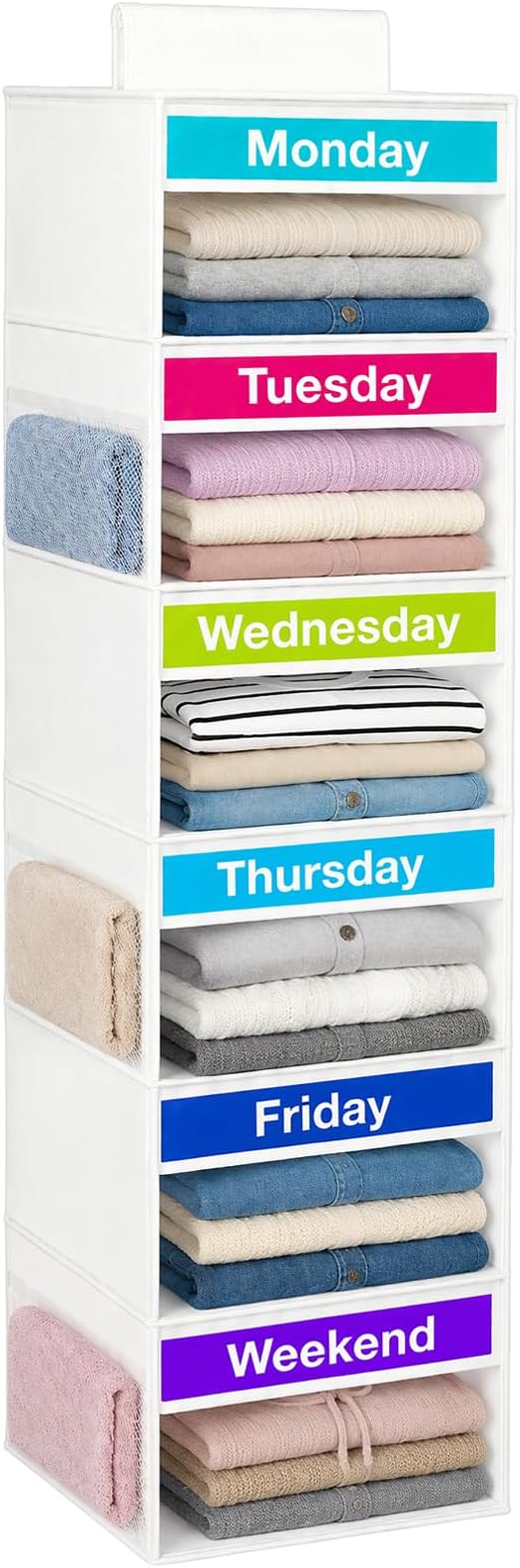 Weekly Clothes Organizer for Closet, 6-Shelf Hanging Closet Organizer with 6 Side Pockets(White)