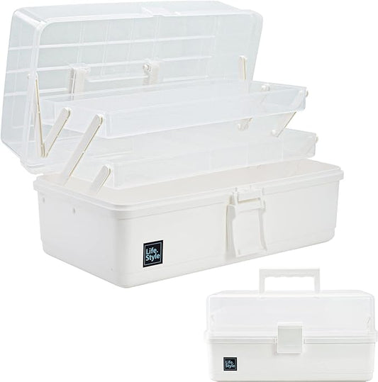 Creahaus 13 inch Art Craft Organizer Storage Box with 3 Layer, Multipurpose Plastic Tool Box with Handle for Sewing, Art Supply, Medicine, Nail, Hair Accessories (White)